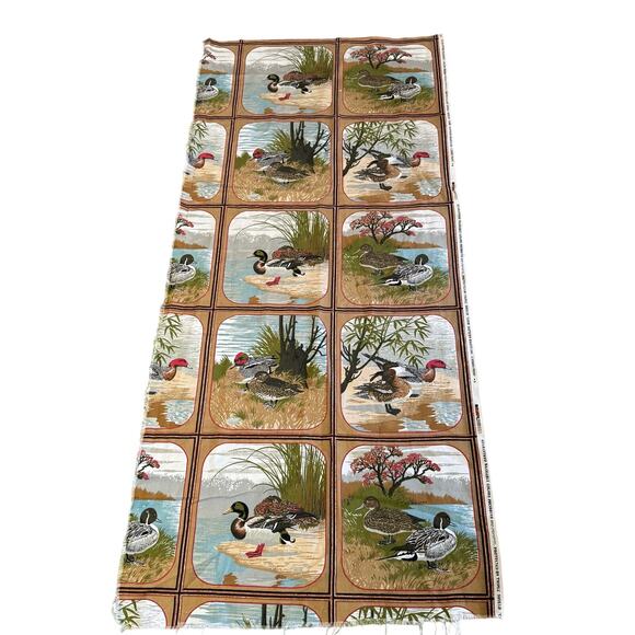 Vintage 70s Screen Printed Ducks Panel Fabric 21 Blocks Quilting Sewing Remnants - Picture 2 of 9